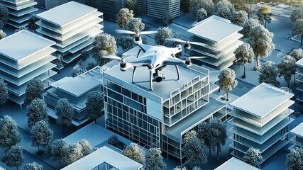 Aerial view of a drone surveying a modern urban landscape with snowy rooftops and trees - Powered by Adobe