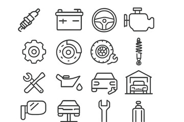 Icons representing various car maintenance and repair elements including tools, engine parts, and accessories