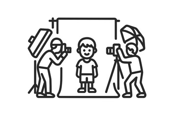 Fototapeta premium Photoshoot session featuring a child surrounded by photographers and studio equipment in a controlled environment