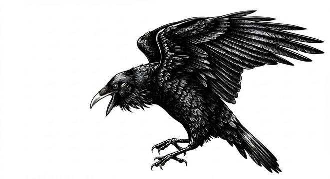 力強く羽ばたく黒いカラス 精密な描写 白背景 (Chikara yoku habataku kuroi karasu seimitsu na byoumei shiro haikei) This translates to: Powerful flapping black crow precise depiction white background. AI Generated