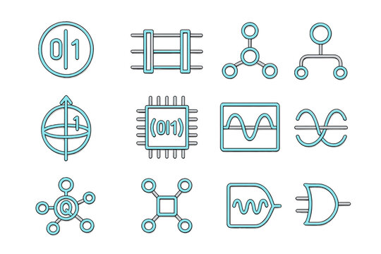 Symbols representing digital technology and data visualization concepts displayed in a grid layout on a clean background
