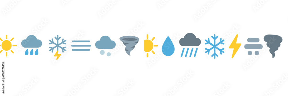 Poster weather symbols display different conditions such as rain, snow, thunder, and tornadoes in a clear s