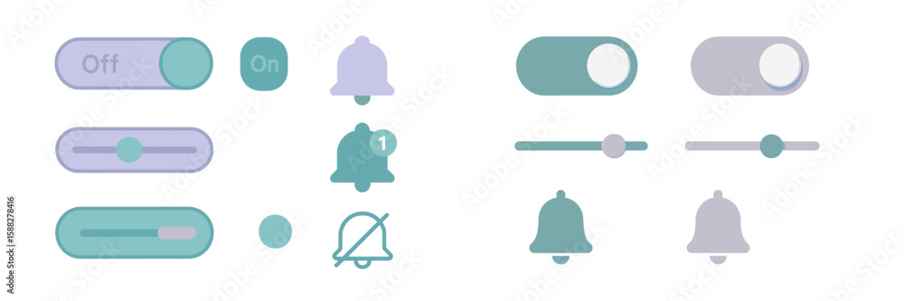 Poster design of toggle switches and notification icons showcasing on and off states for user interface app