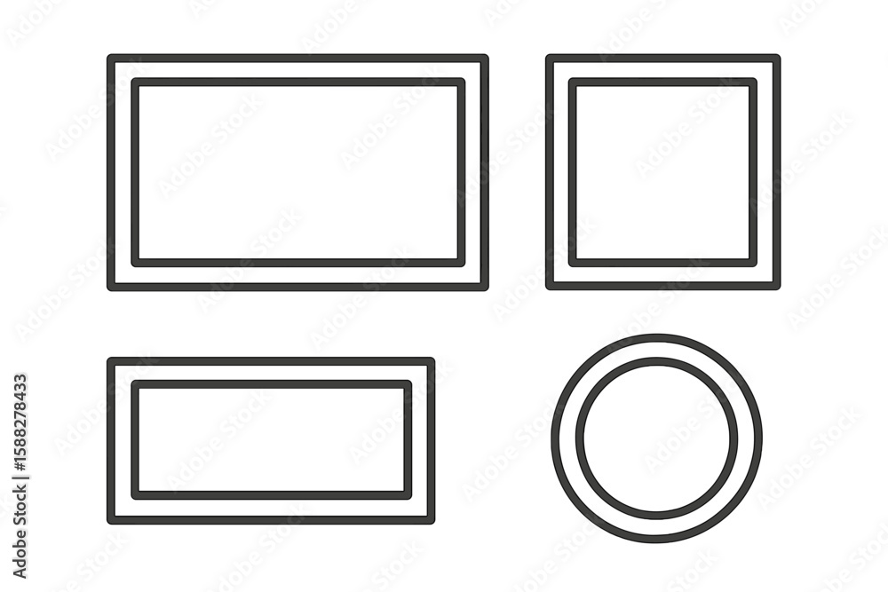 Poster different shapes and sizes of picture frames displayed in a simple arrangement on a white background