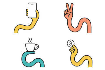 Fototapeta premium Creative hand illustrations showcasing modern activities like texting, peace sign, enjoying coffee, and holding money