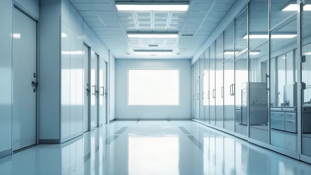 Bright hospital corridor boasts clean, minimalist design and a spacious layout. This bright hospital corridor features doors, shiny floor, and glass walls letting in lots of light,