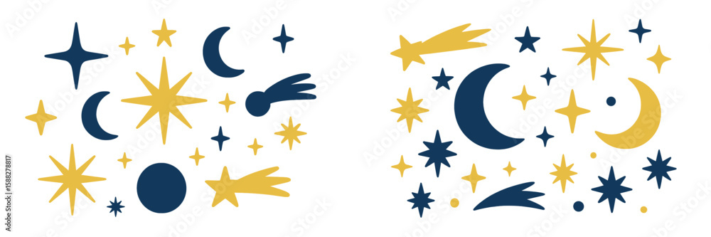 Poster abstract celestial design featuring stars, moons, and comets in a modern pattern suitable for variou
