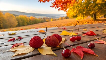 Fresh, ripe red strawberries and other delicious organic berries burst with sweetness alongside vibrant autumn leaves on the ground, on a rustic wooden background