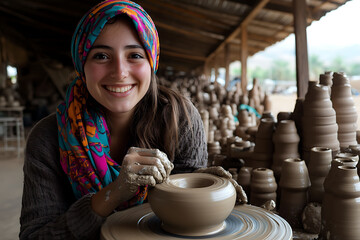 Smiling young woman artisan skillfully shaping clay on a pottery wheel in a rustic workshop.  The vibrant colors of her headscarf contrast beautifully with the earthy tones of the clay.