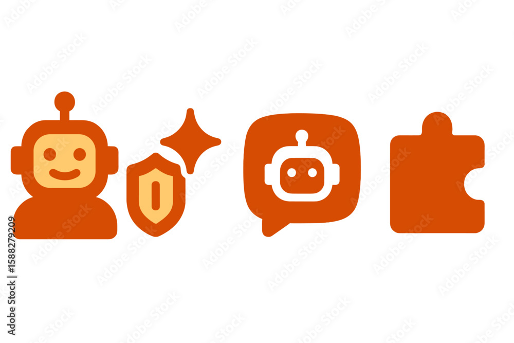 Poster graphic design showcasing robot icons representing conversation and security elements in a modern di