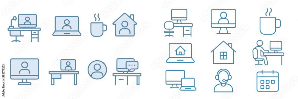 Poster creative icons depicting remote work and home office setups in various arrangements and styles for d