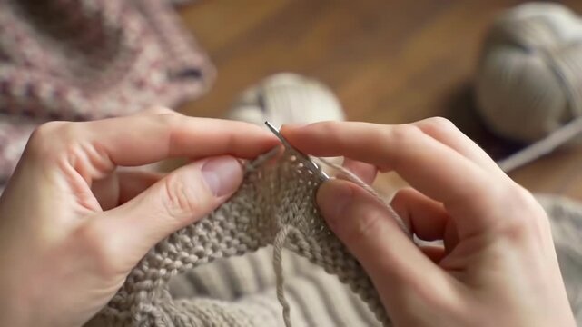 Close-up of hands knitting with soft wool yarn and needles, creating fabric in a warm, relaxing environment with balls of yarn nearby.