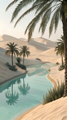 Serene Oasis: Palm Trees Reflecting in Turquoise Water of a Desert Lagoon at Sunrise