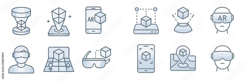 Poster exploring augmented reality technology through various interactive icons and tools for immersive exp