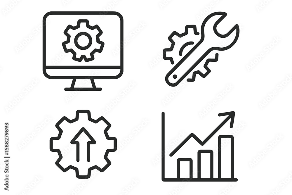 Poster symbols representing technology, tools, and progress in a digital workspace focusing on performance 