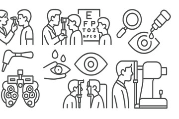 Fototapeta premium Eye examination process in a clinic showing various diagnostic equipment and interactions between patients and doctors
