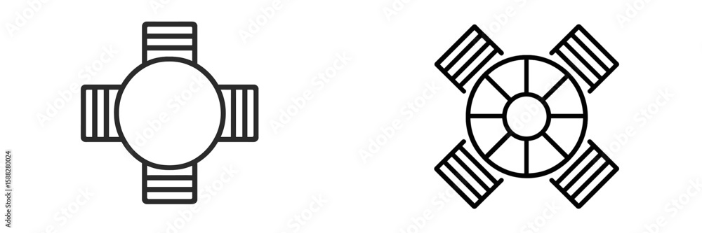 Poster designs of two cross-shaped symbols with circular centers viewed from different angles
