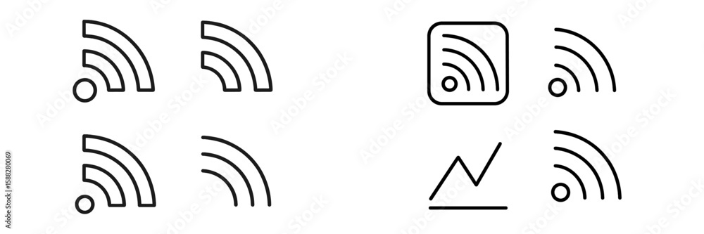 Poster line art representations of wireless signals and data connectivity icons in a minimalist style