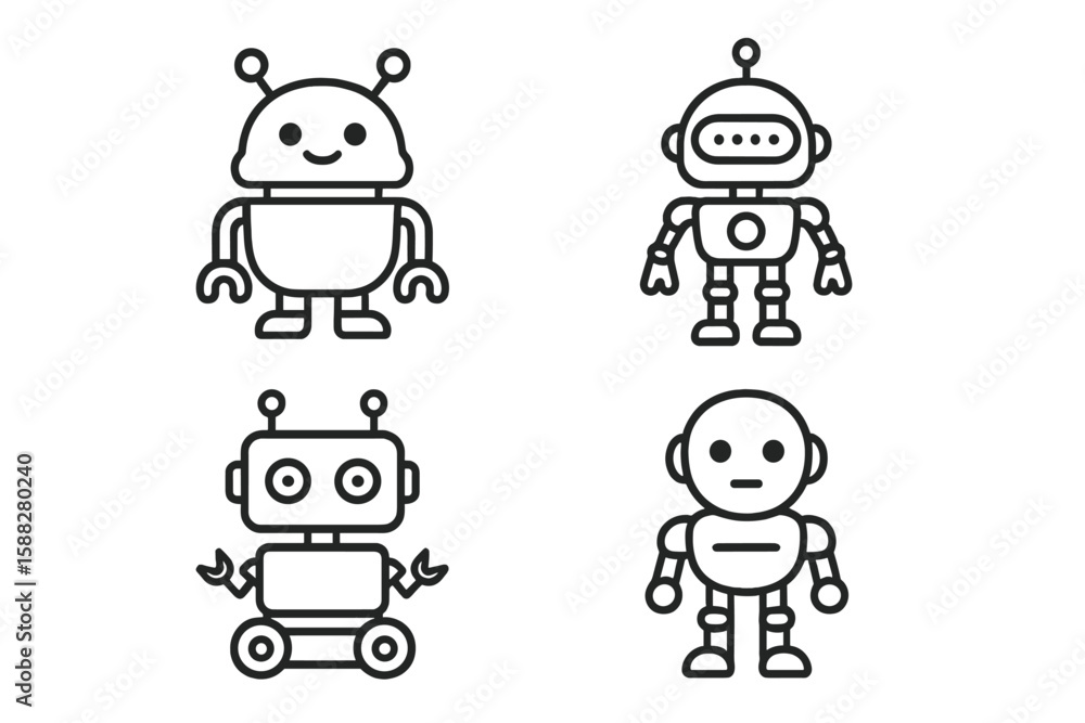 Poster colorful characters in a playful robot design showcasing different styles and emotions in a whimsica