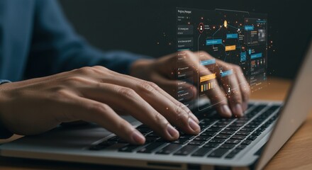 Hands Typing on Laptop with Holographic Project Management Interface