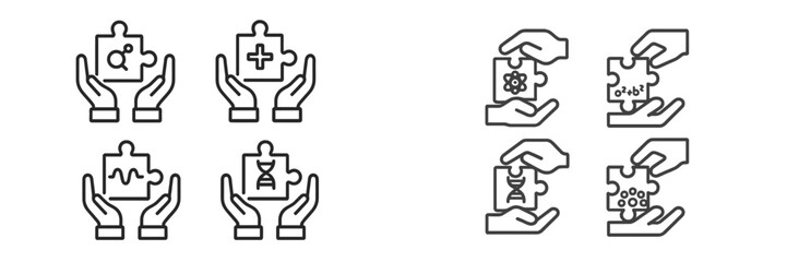 Hands assembling puzzle pieces representing health concepts in a minimalist design, emphasizing interconnectedness and collaboration in science