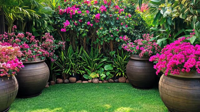 Lush garden with vibrant flowers in terracotta pots. Backyard landscaping for peaceful enjoyment
