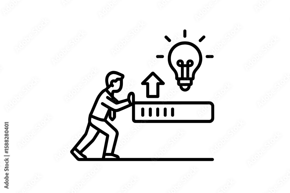Poster innovation concept with a businessman pushing a bar and a light bulb symbolizing ideas and progress 