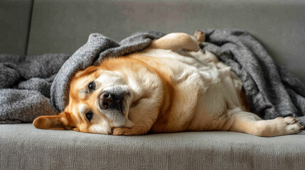 Cute fat dog sad because excess weight. Modern problem of obesity in pets due to overfeeding with food and treats. Concept diet and fight against excess weight in dogs and awareness of animal health