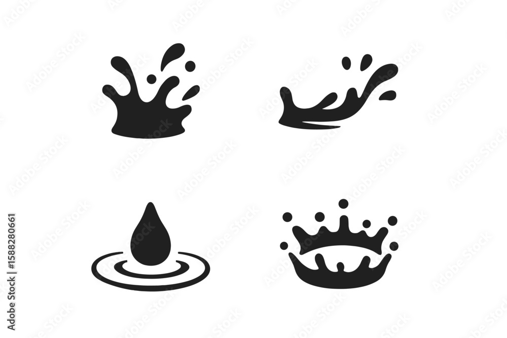 Poster splash patterns of water droplets create dynamic visual effects in black silhouette style on a white