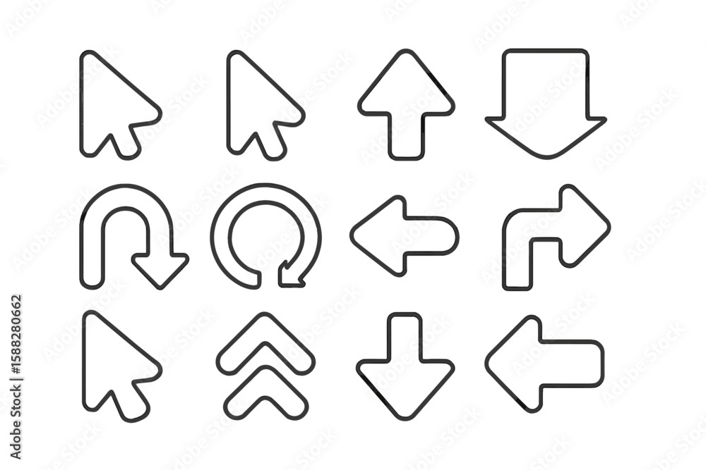 Poster collection of various arrow shapes and cursor designs for digital interfaces and graphic design proj