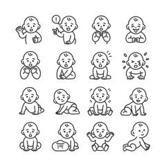 Sixteen Black and White Line Drawings of Babies Displaying Various Expressions and Actions Including Sitting Crawling Crying and Playing