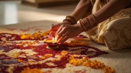 A young Indian woman with long hair decorates a colorful rangoli with marigold petals and lights a diya for Diwali celebrations.