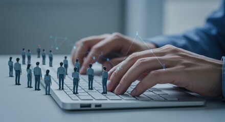 Miniature People on Laptop Keyboard, Connecting, Business Concept
