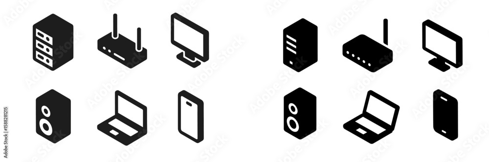 Poster set of black icons representing electronic devices and computer hardware in a minimalistic style