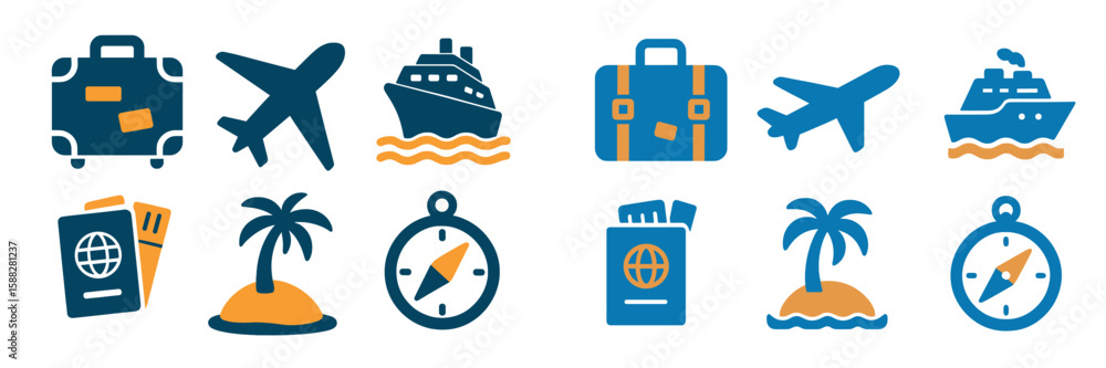 Poster travel icons representing adventure and exploration through various modes of transportation and dest