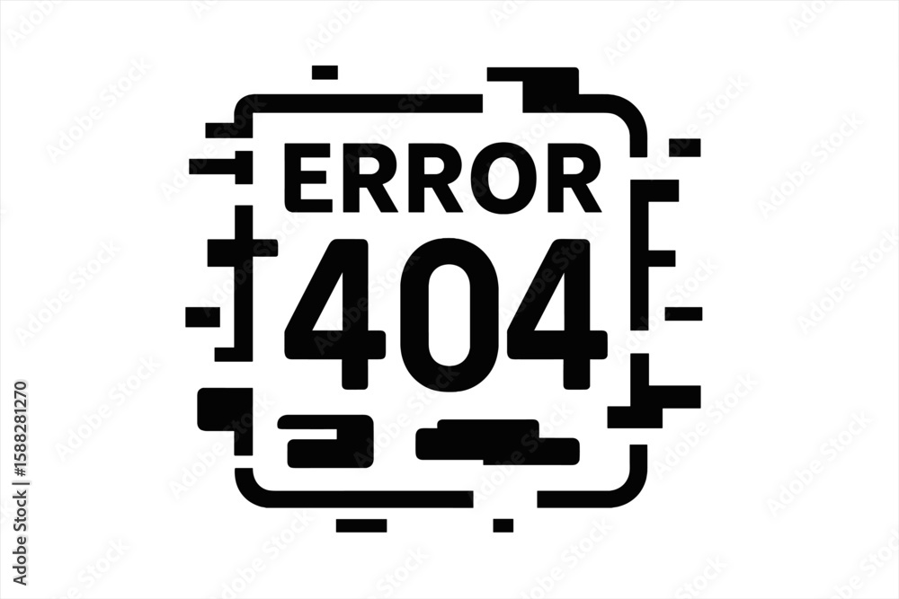 Poster error 404 page not found graphic displayed on a white background with glitch effect elements