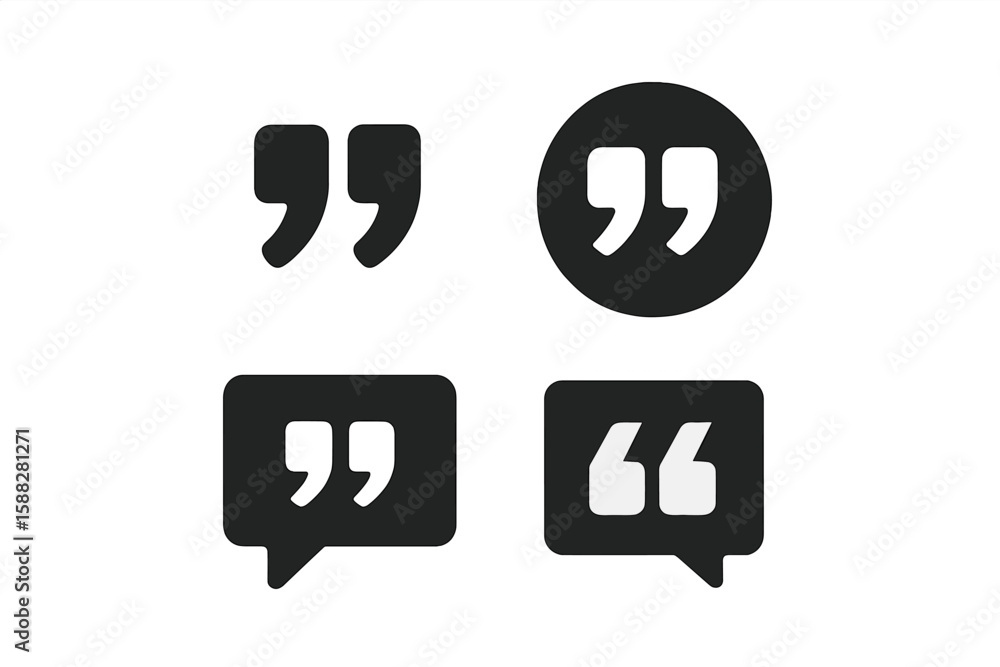 Poster various styles of quotation marks and speech bubbles in black on a simple white background