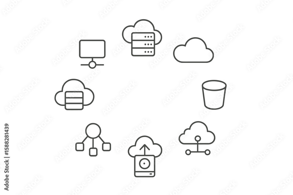 Poster cloud computing icons illustrating data management and network connectivity in a digital environment