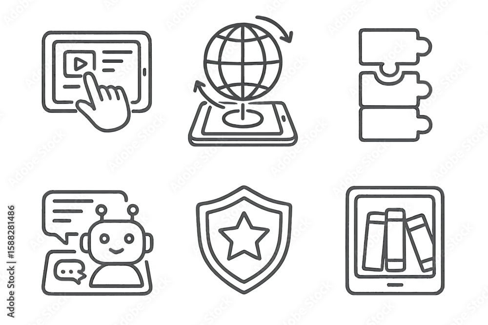 Poster digital icons representing technology, education, and communication concepts in a modern interface