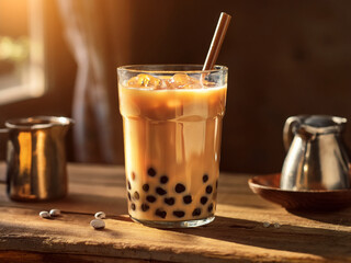 Bubble tea on wooden table in sunlit caf&eacute; with relaxing afternoon mood
