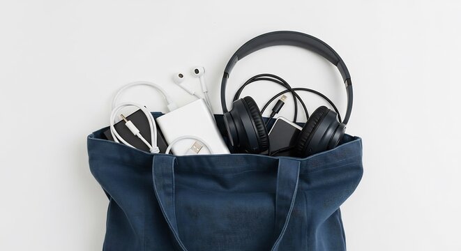 紺色エコバッグに並ぶ充電器ヘッドホン スマホ シンプル背景で美しく配置. AI Generated