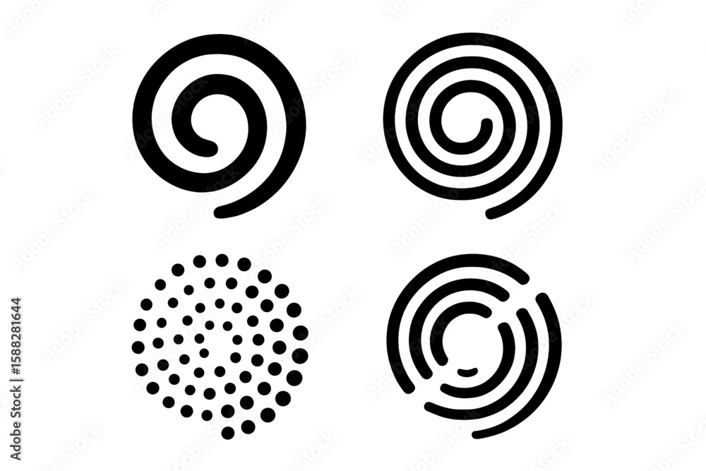 Aufkleber various simple spiral and circular designs with contrasting black and white colors, showcasing diffe