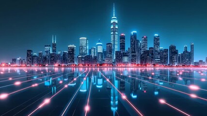 Futuristic cityscape featuring glowing buildings on digital surface. Futuristic cityscape concept shows interconnected communication lines and modern architecture. - Powered by Adobe