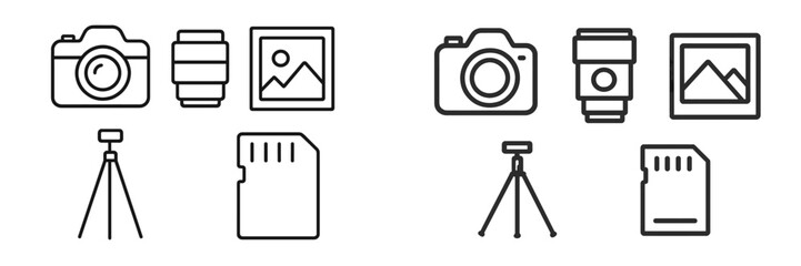 Collection of photography equipment including cameras, lenses, tripods, and memory cards displayed on a clean surface