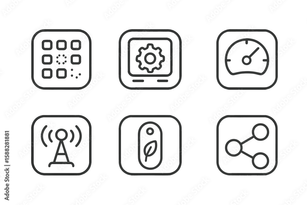 Poster collection of simple and modern digital icons showcasing various technology symbols and functions