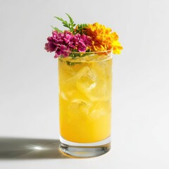 Bright yellow cocktail, floral garnish