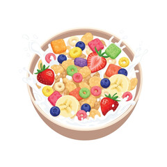 Colorful cereal with milk and fresh fruit in a bowl, a delicious and vibrant breakfast.