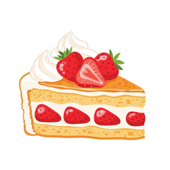 A delicious slice of strawberry cake, topped with whipped cream and fresh berries.