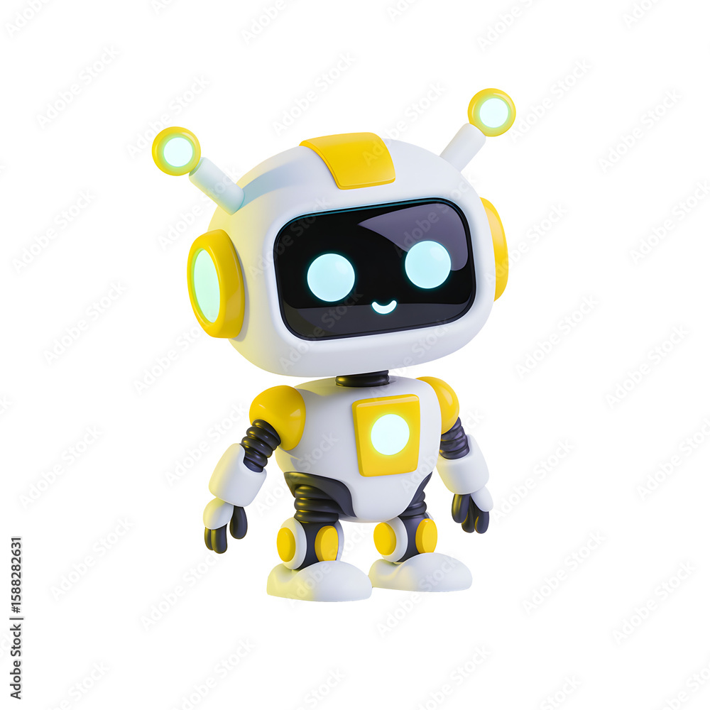 Poster charming white and yellow robot character standing on transparent background, ready for technology o