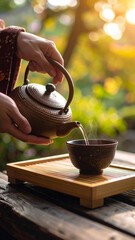 Hand pouring tea from a kettle into a traditional cup outdoors with golden foliage in the background.